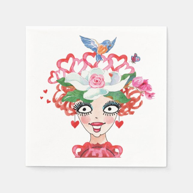 Happy Hearts Flowers Bird Lady Hat  Napkin (Front)