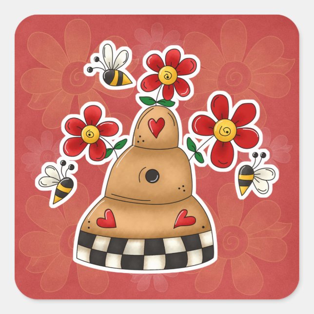 Happy Hearts N Flowers Bee Hive Square Sticker (Front)