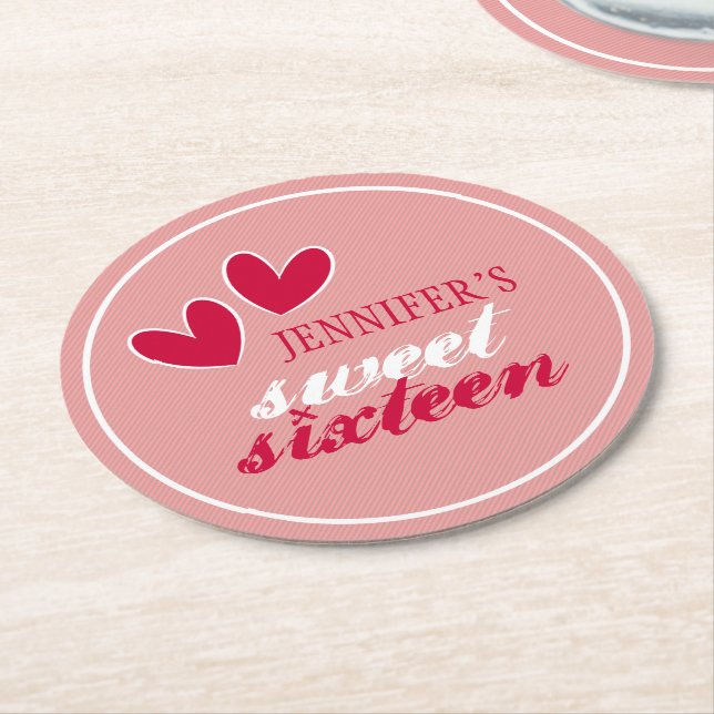 Happy Hearts Sweet Sixteen Round Paper Coaster (Angled)