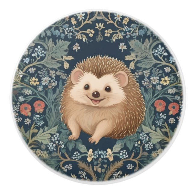 Happy Hedgehog William Morris style Floral Ceramic Knob (Front)