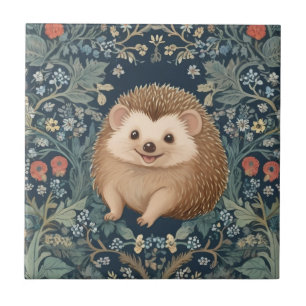 Happy Hedgehog William Morris style Floral Tile