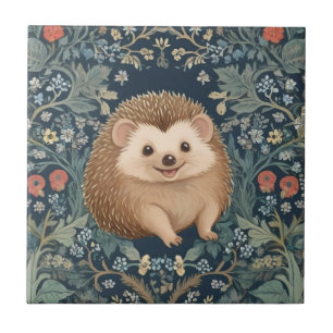 Happy Hedgehog William Morris style Right Floral Tile
