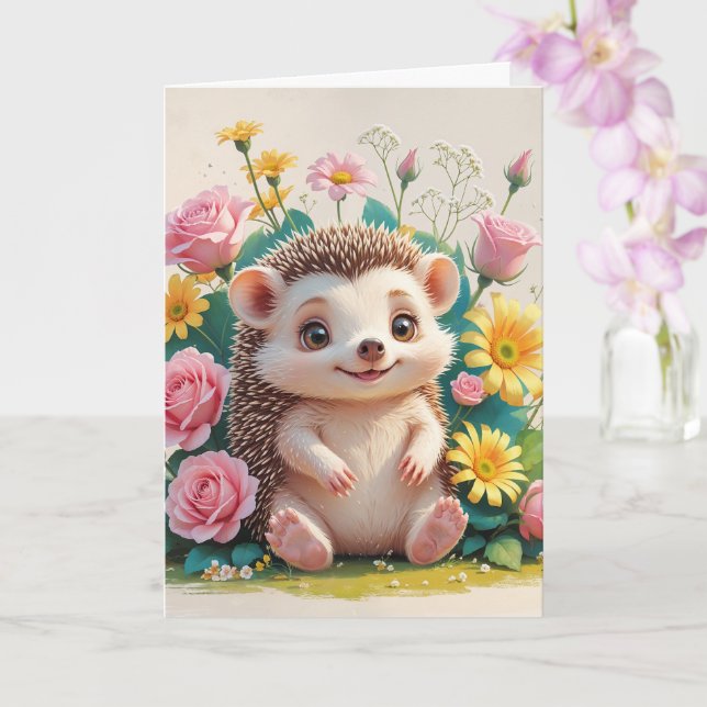 Happy Hedgehog with Flowers Blank Card (Orchid)