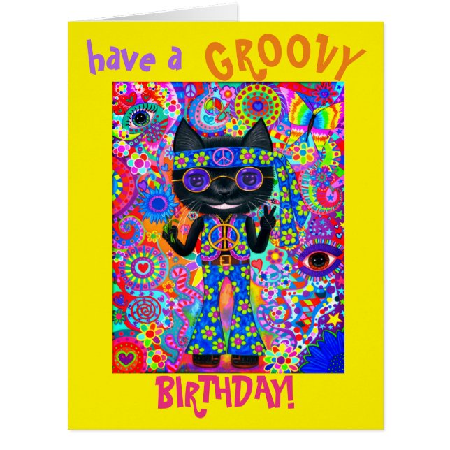 Happy Hippie Cat Sunglasses Peace Sign Flower (Front)