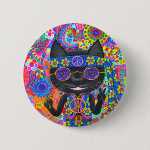 Happy Hippie Cat Sunglasses Peace Sign Flower 6 Cm Round Badge