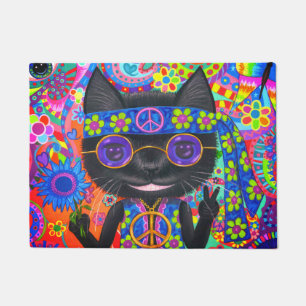 Happy Hippie Cat Sunglasses Peace Sign Flower Doormat