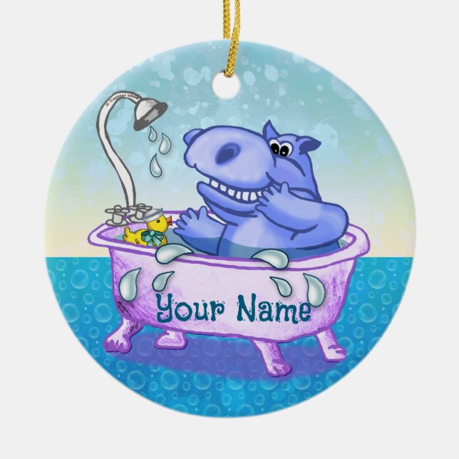 Happy Hippo Bath Ceramic Tree Decoration (Front)