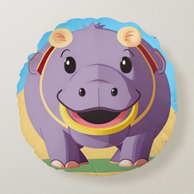 Happy Hippo Character Round Cushion (Front)