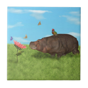 Happy Hippo, Flower, Butterflies Tile