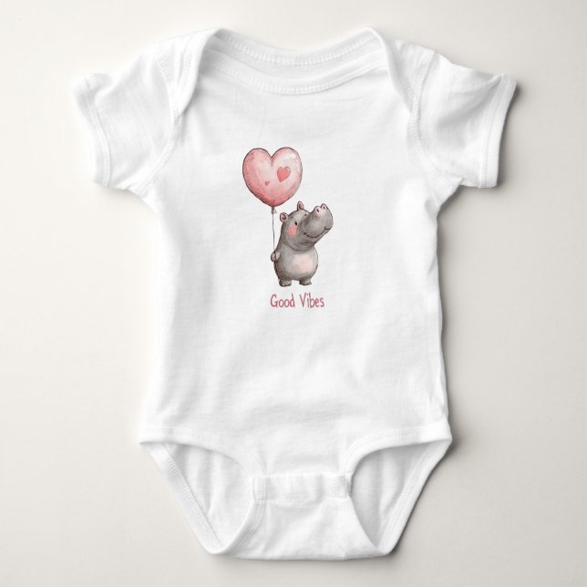 Happy Hippo Good Vibes Heart Balloon Baby Bodysuit (Front)