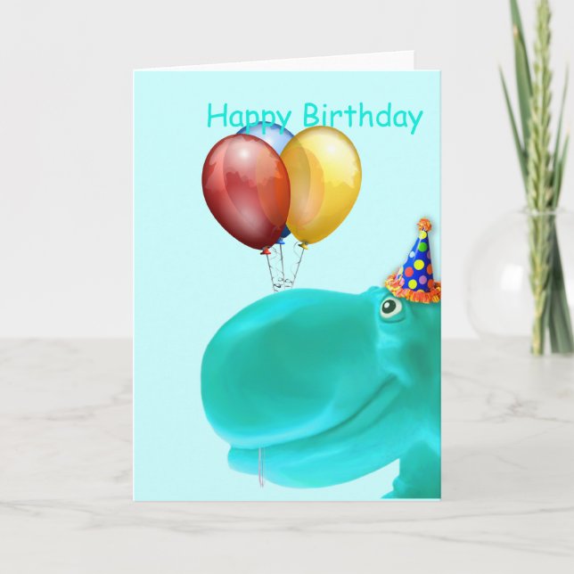 Happy Hippo Teal Birthday Card (Front)