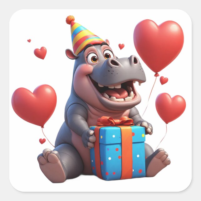 Happy Hippo With Balloons And Gift 🎂 Square Sticker (Front)