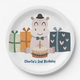 Happy Hippo with gifts and birthday cake Paper Plate