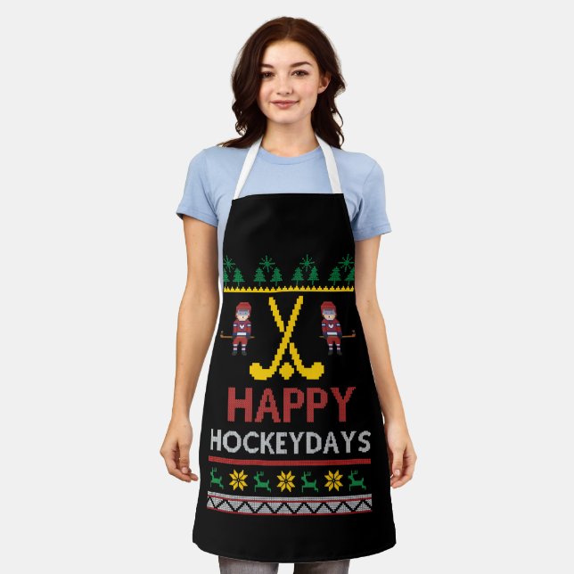 Happy Hockeydays Hockey Christmas Xmas Gift Apron (Worn)