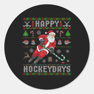 Happy Hockeydays Ugly Christmas Santa Claus Xmas H Classic Round Sticker
