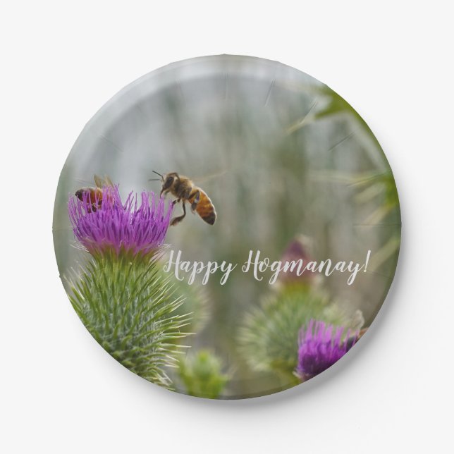 Happy Hogmanay Celebration Thistle & Honey Bees Paper Plate (Front)