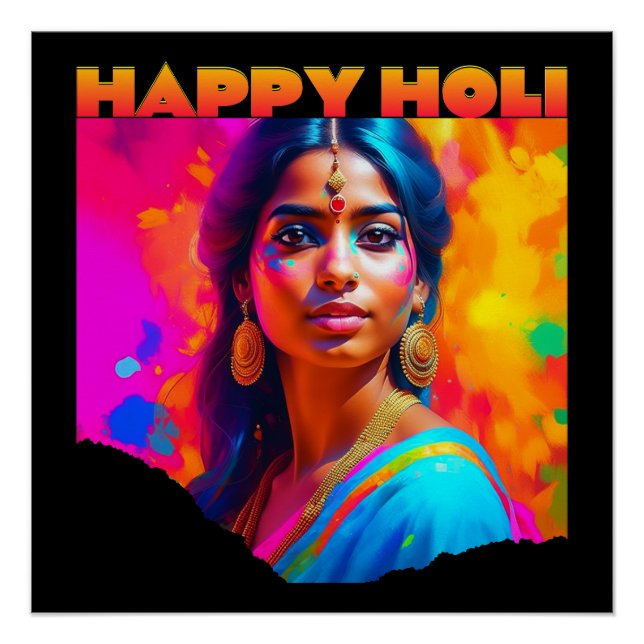 Happy Holi Beautiful Woman in Blue Poster (Front)