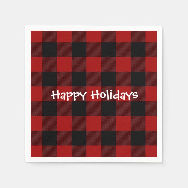 Happy Holiday black and red buffalo plaid Napkin (Front)
