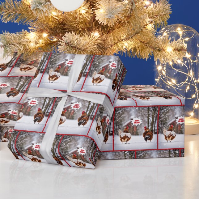 Happy Holiday Chickens In Snowflakes Wrapping Paper (Holidays)