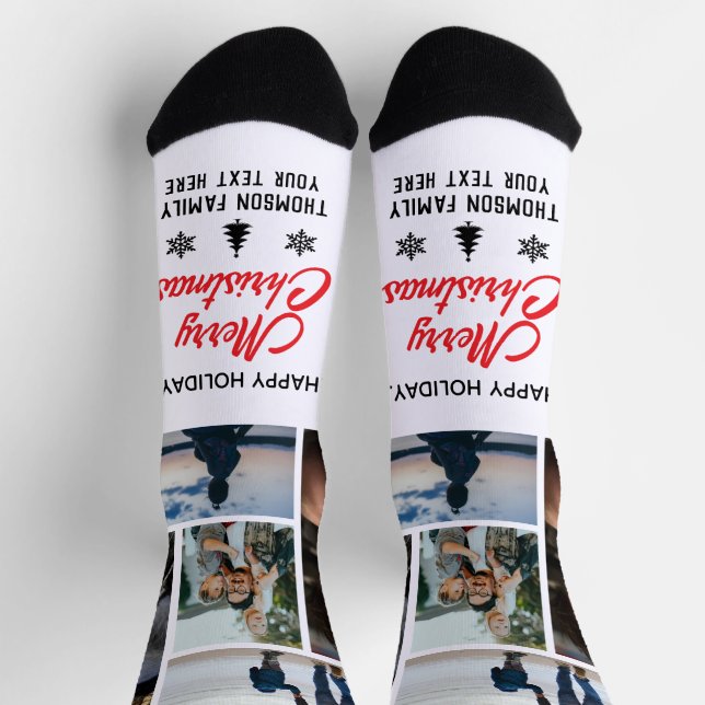 Happy Holiday Christmas Photo Collage Custom Names Socks (Top)