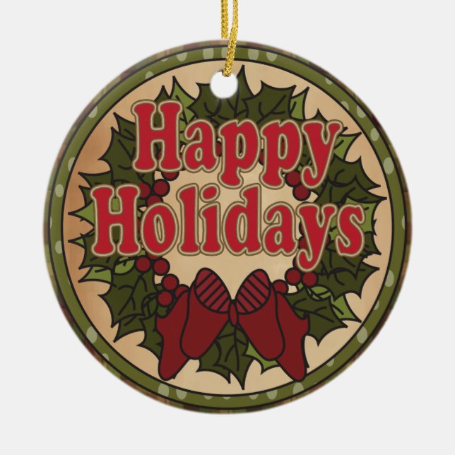 Happy Holiday Christmas Wreath Ceramic Tree Decoration (Front)