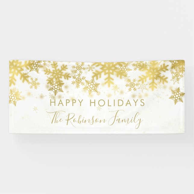 Happy Holiday Family Name Gold Winter Snowflakes Banner (Horizontal)