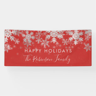 Happy Holiday Family Silver Red Winter Snowflakes Banner