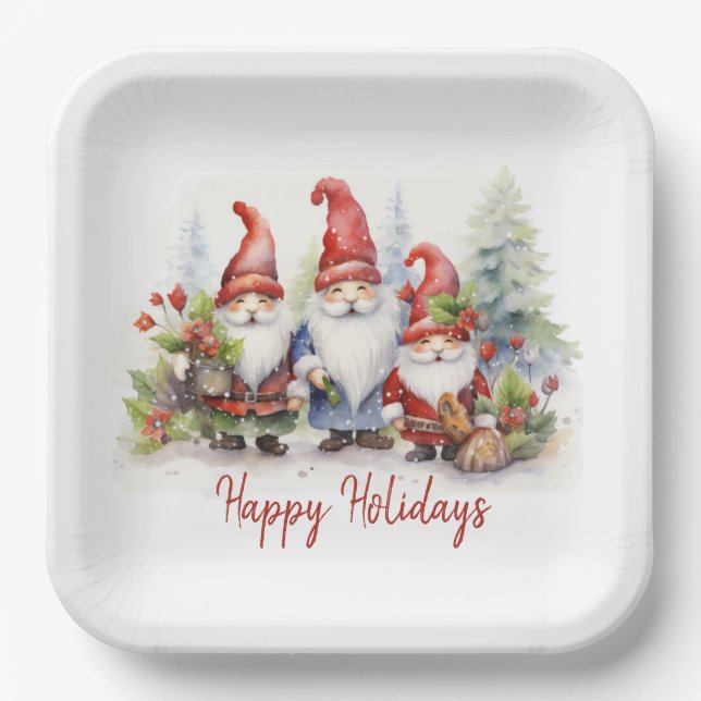 Happy Holiday Gnomes In Snowflakes Paper Plate (Front)
