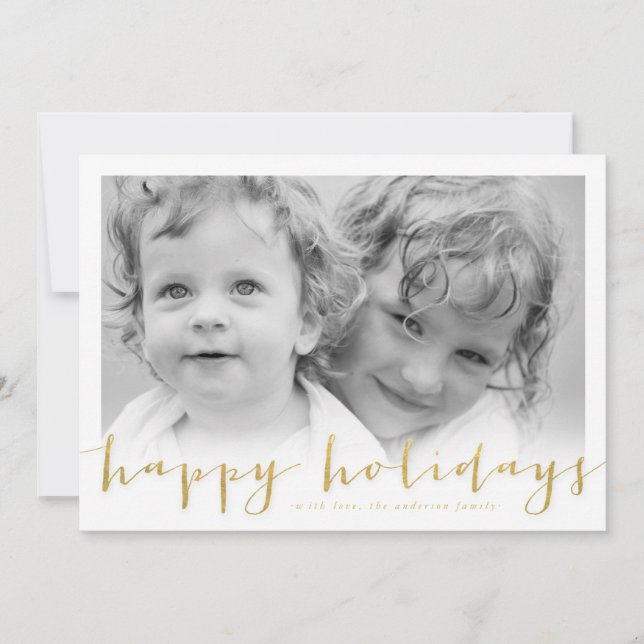 Happy Holiday Gold Foil Look Holiday Photocard Card (Front)