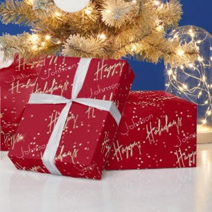 Happy Holiday Golden Script Custom Name Red Wine Wrapping Paper