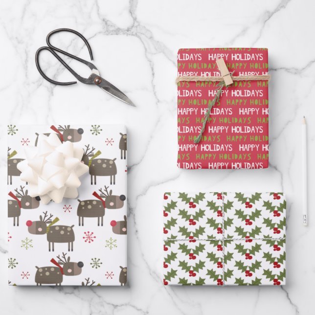 Happy Holiday holly leaves cute reindeer Christmas Wrapping Paper Sheet (Front)