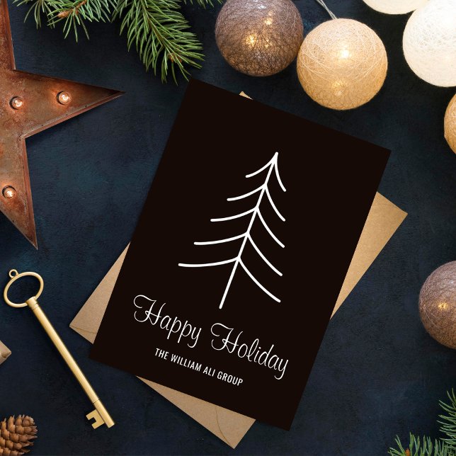 Happy Holiday l Black & White Minimal Pine Tree  Postcard (Creator Uploaded)