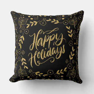Happy Holiday Modern Typography Gold Leafs Frame Cushion