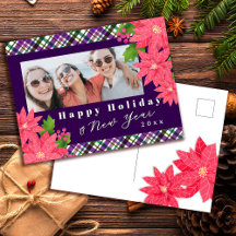 Happy Holiday New Year Poinsettia Photo Purple