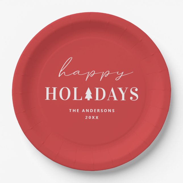 Happy Holiday | Red Christmas & New Year Party Paper Plate (Front)