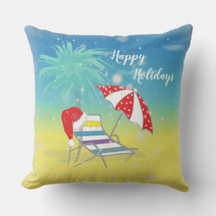 Happy Holiday Santa Hat Snow Flakes Beach Themed Cushion