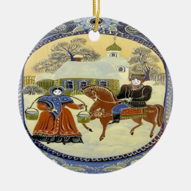 Happy Holiday, Scandinavia Church Ceramic Tree Decoration (Front)
