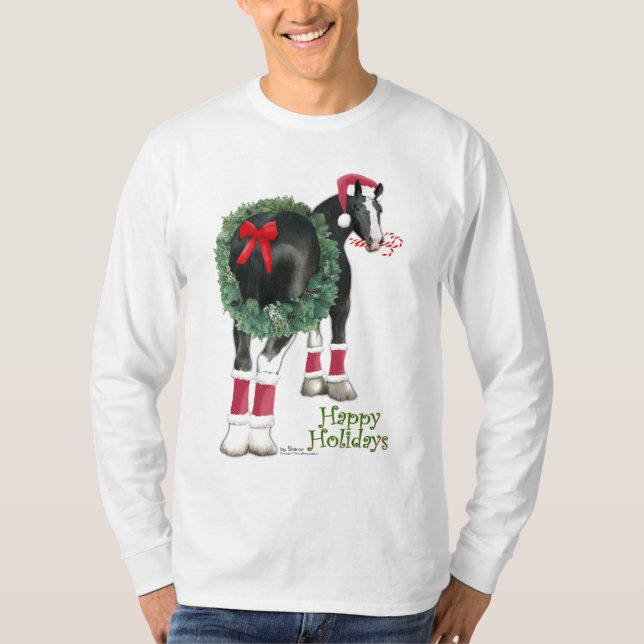 Happy Holiday Shire Draught   Horse Wreath T-Shirt (Front)