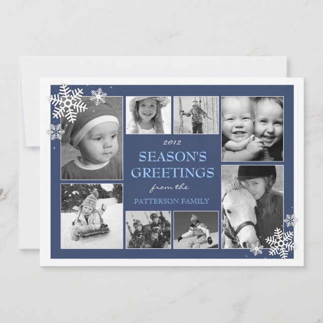 Happy Holiday Snowflakes 8 Photo Collage in Blue Card (Front)