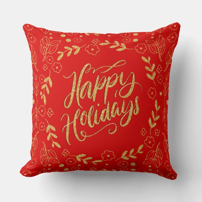 Happy Holiday Typography Gold Glitter Leafs Frame Cushion (Front)