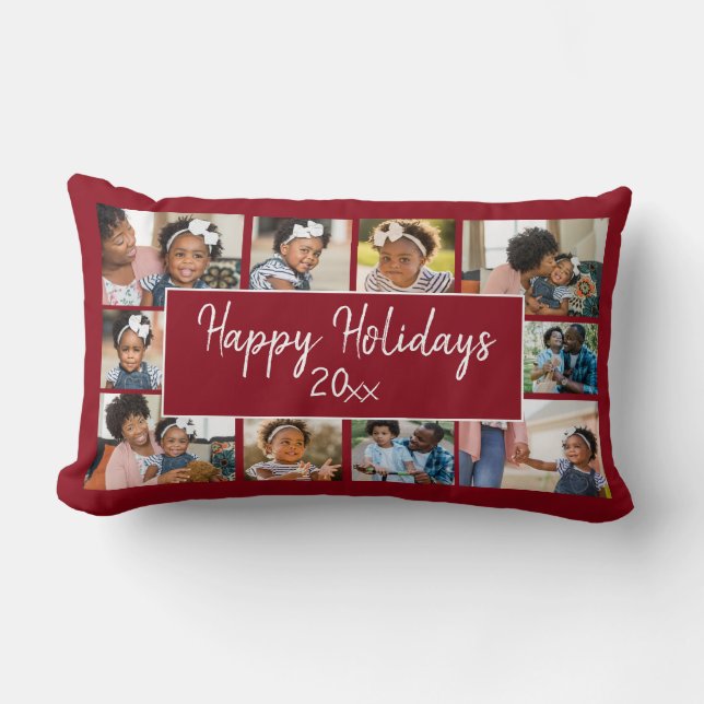 Happy Holidays 10 Photo Collage Burgundy Red Lumbar Cushion (Front)