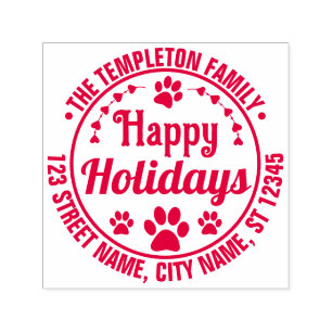 Happy Holidays #2 Dog Paws Name Return Address Self-inking Stamp