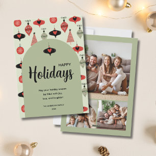 Happy Holidays 3 Family Photo Collage Green Arch Holiday Card