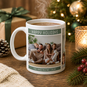 Happy Holidays 3 Family Photo Collage Sage Green Coffee Mug