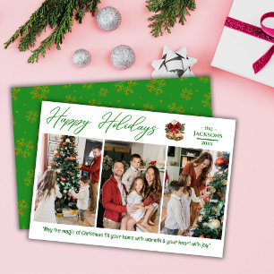 Happy holidays 3-photo collage modern green festiv holiday card