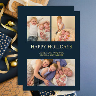 Happy Holidays 3 Photo Collage Navy Blue Gold 