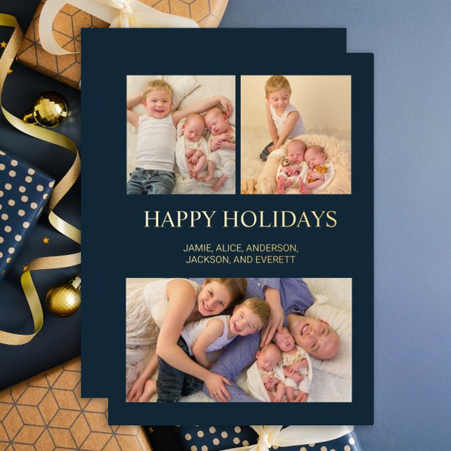 Happy Holidays 3 Photo Collage Navy Blue Gold  (Creator Uploaded)