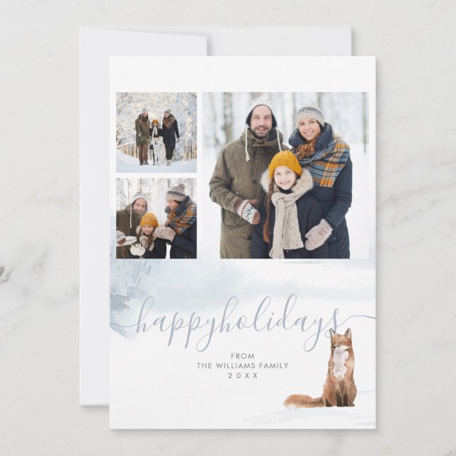 Happy Holidays 3 Photo Collage Winter Woodland Fox Holiday Card (Front)
