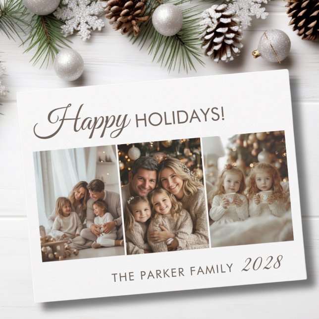 Happy Holidays! 3 Photo, White,Minimal Holiday Card (Happy Holidays! 3 Photo, White, Brown, Minimal Holiday Card.)