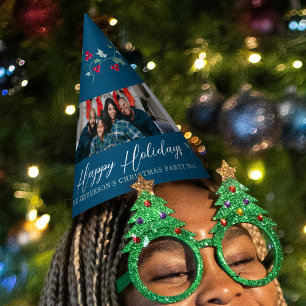 Happy Holidays 5 photos holly and berries blue Party Hat
